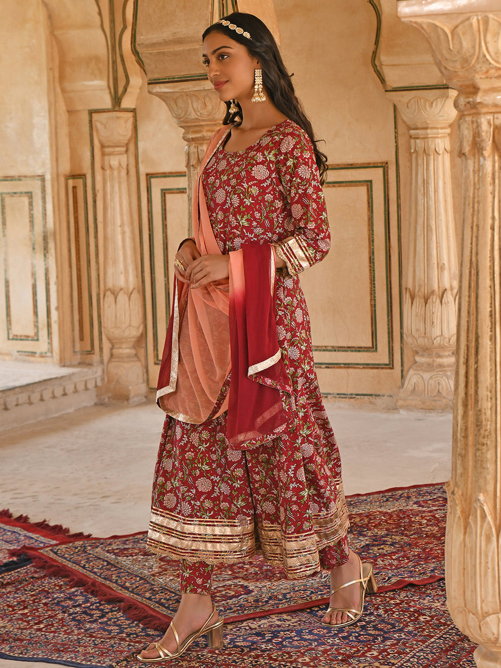 Janasya Women's Maroon Cotton Floral Block Print Kurta With Pant And Dupatta