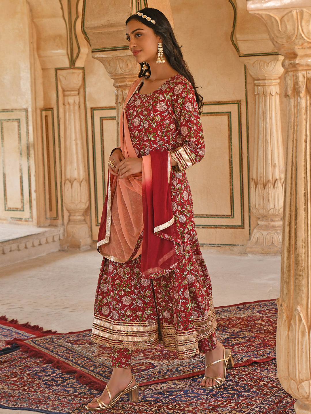 Janasya Women's Maroon Cotton Floral Block Print Kurta With Pant And Dupatta