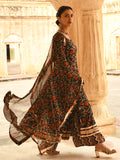 Janasya Women's Black Cotton Floral Block Print Kurta With Flared Palazzo And Dupatta