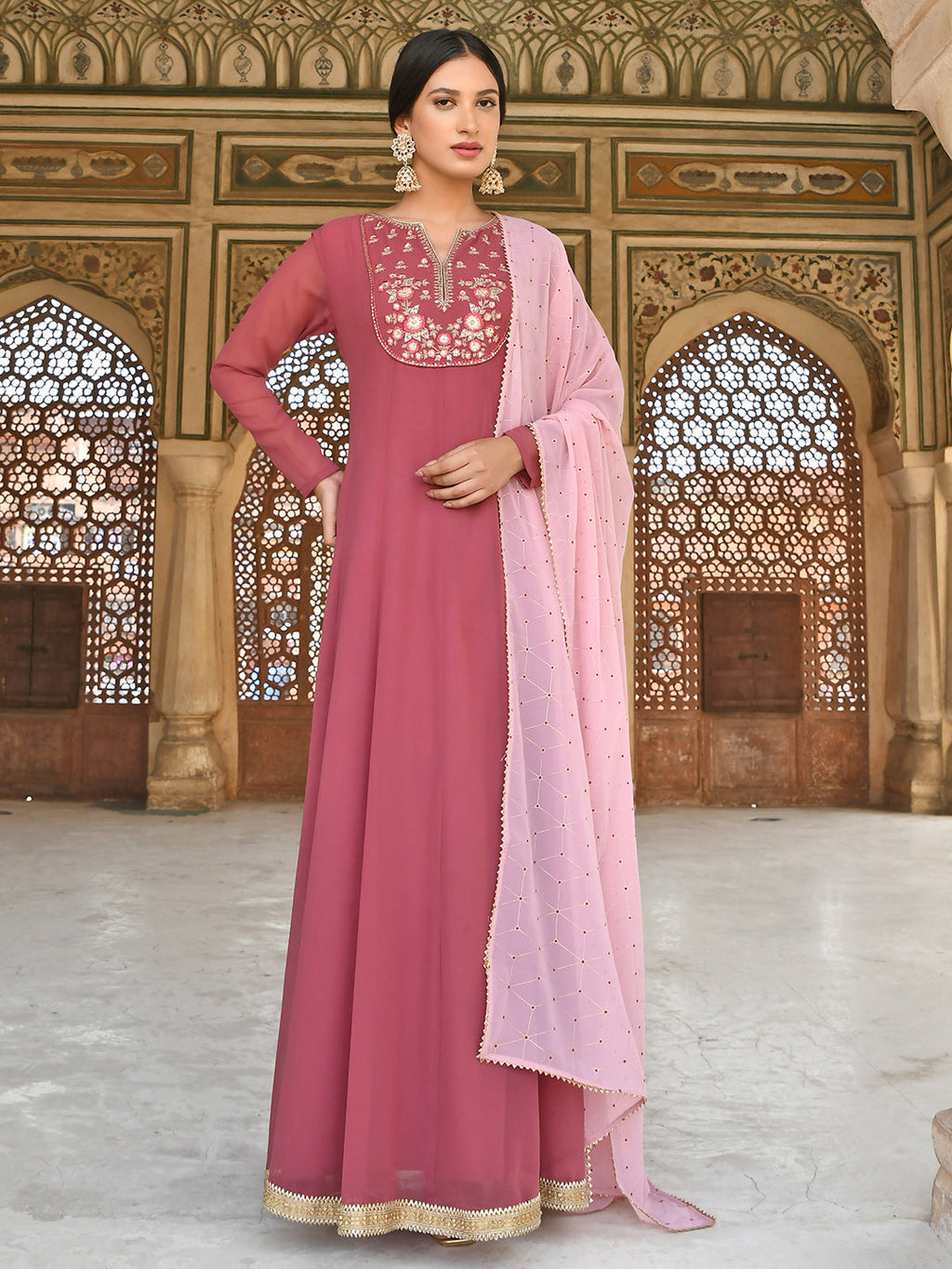 Janasya Women's Old Rose Georgette Embroidered Kurta With Dupatta