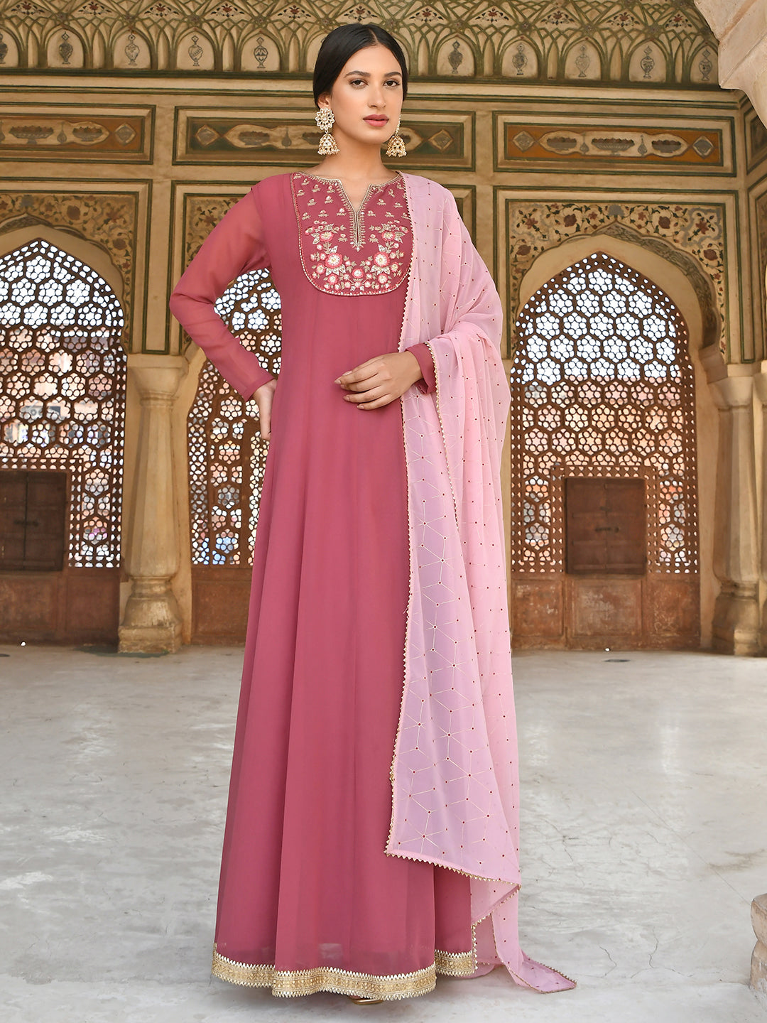 Janasya Women's Old Rose Georgette Embroidered Kurta With Dupatta