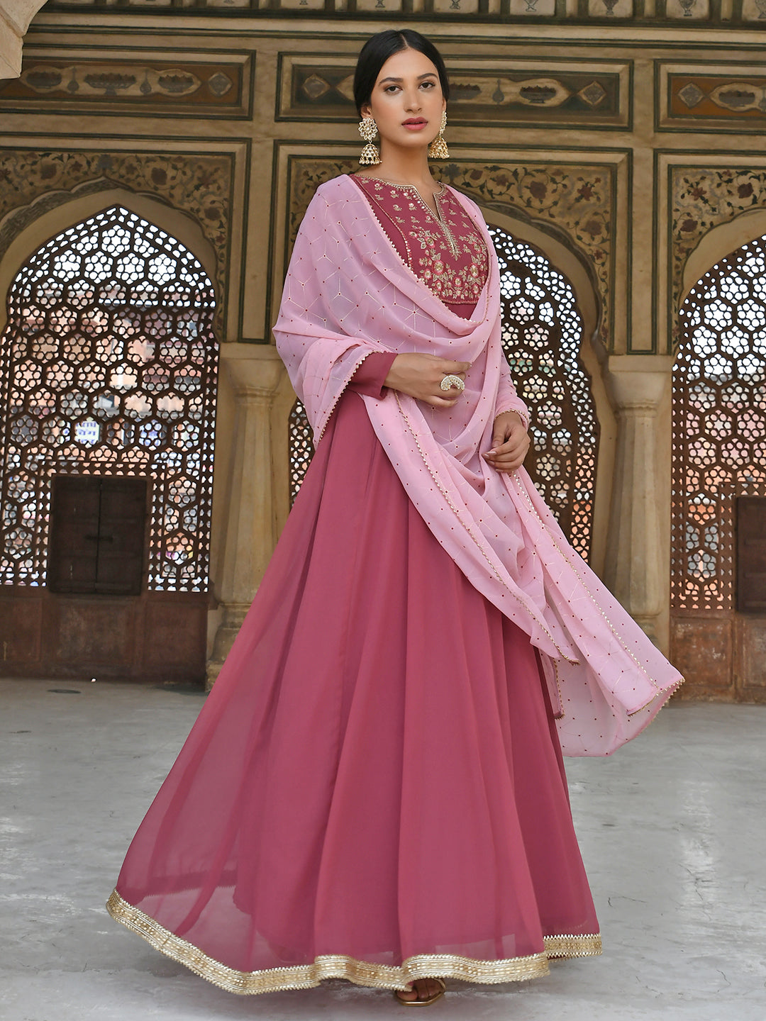 Janasya Women's Old Rose Georgette Embroidered Kurta With Dupatta
