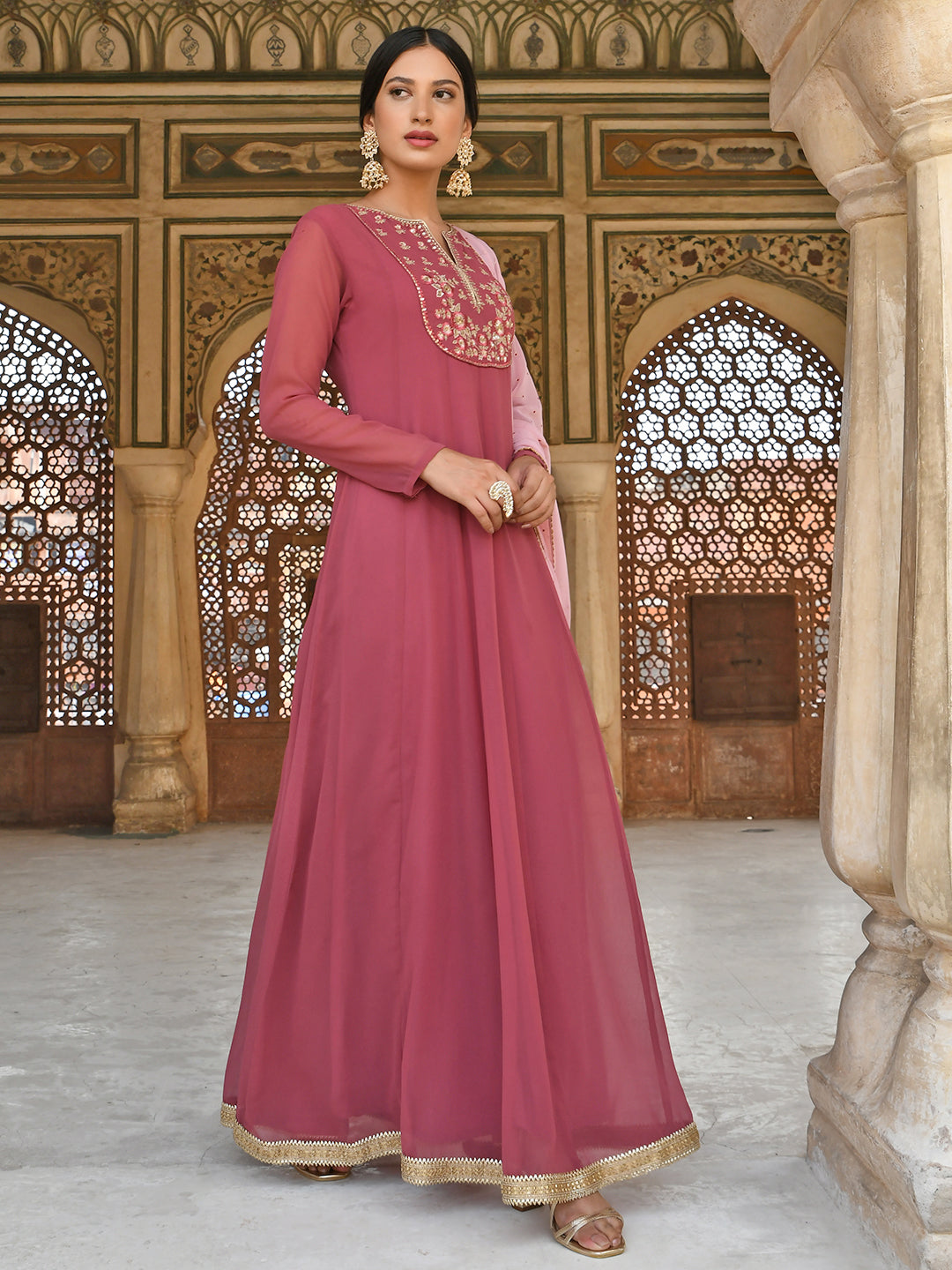 Janasya Women's Old Rose Georgette Embroidered Kurta With Dupatta
