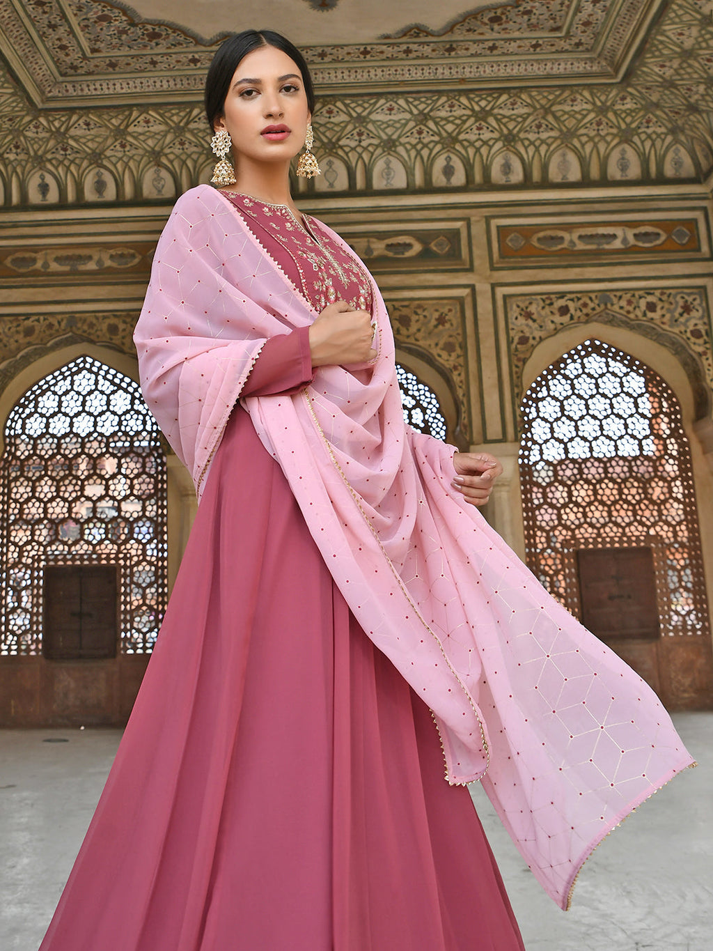Janasya Women's Old Rose Georgette Embroidered Kurta With Dupatta
