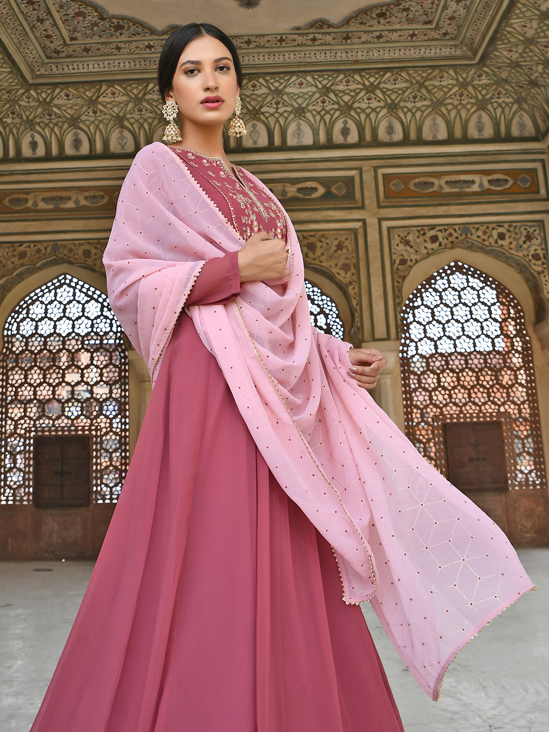 Janasya Women's Old Rose Georgette Embroidered Kurta With Dupatta