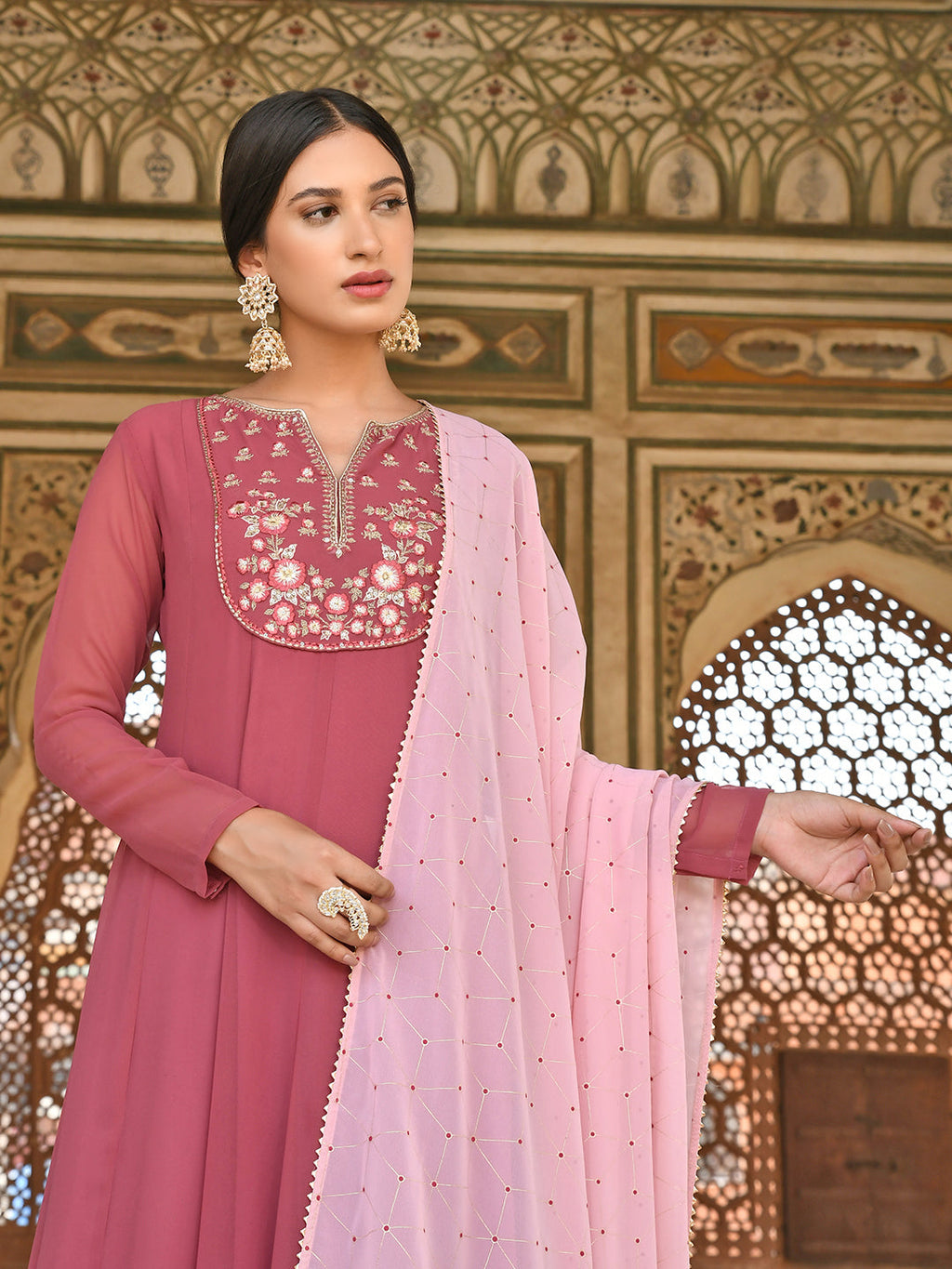 Janasya Women's Old Rose Georgette Embroidered Kurta With Dupatta