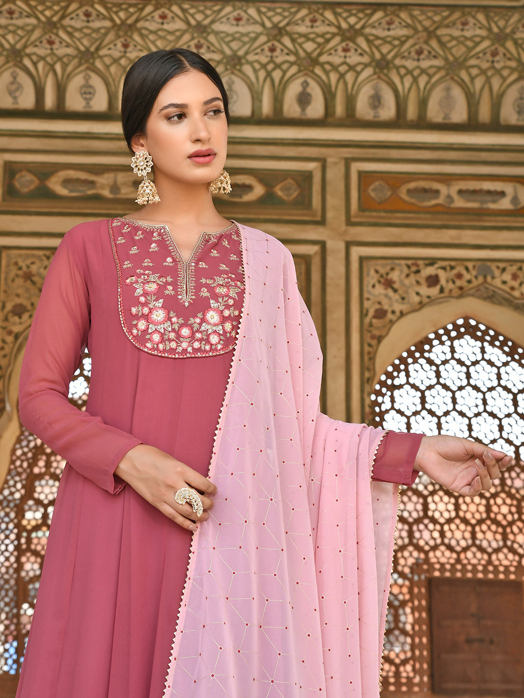 Janasya Women's Old Rose Georgette Embroidered Kurta With Dupatta