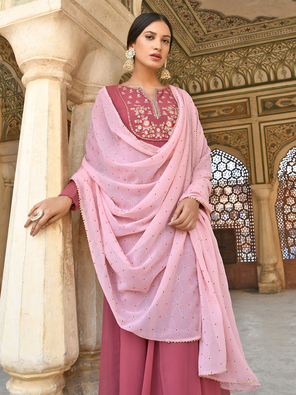 Janasya Women's Old Rose Georgette Embroidered Kurta With Dupatta