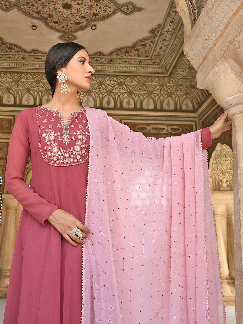 Janasya Women's Old Rose Georgette Embroidered Kurta With Dupatta
