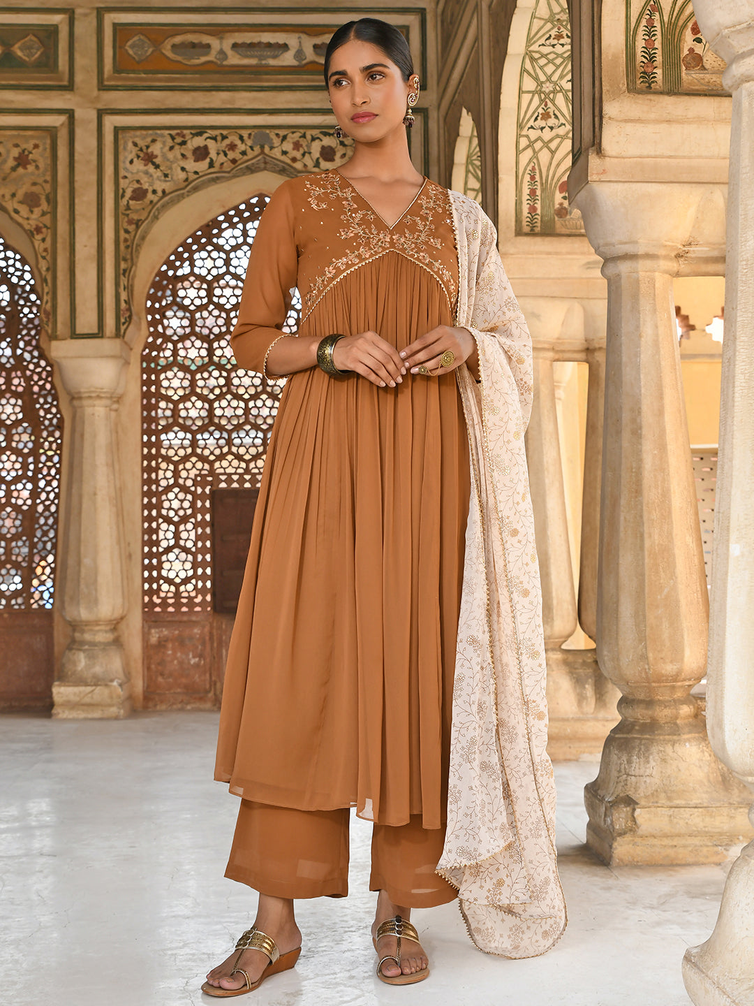 Janasya Women's Brown Georgette Floral Embroidery Kurta With Palazzo And Dupatta