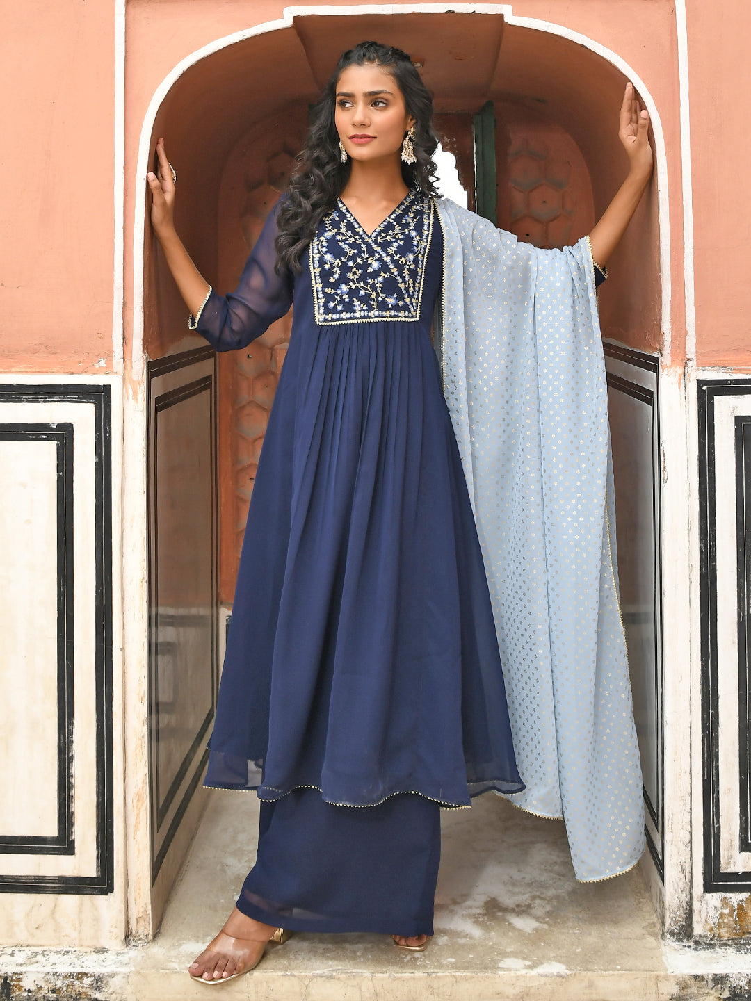 Janasya Women's Navy Blue Georgette Embroidered Kurta With Flared Palazzo And Dupatta