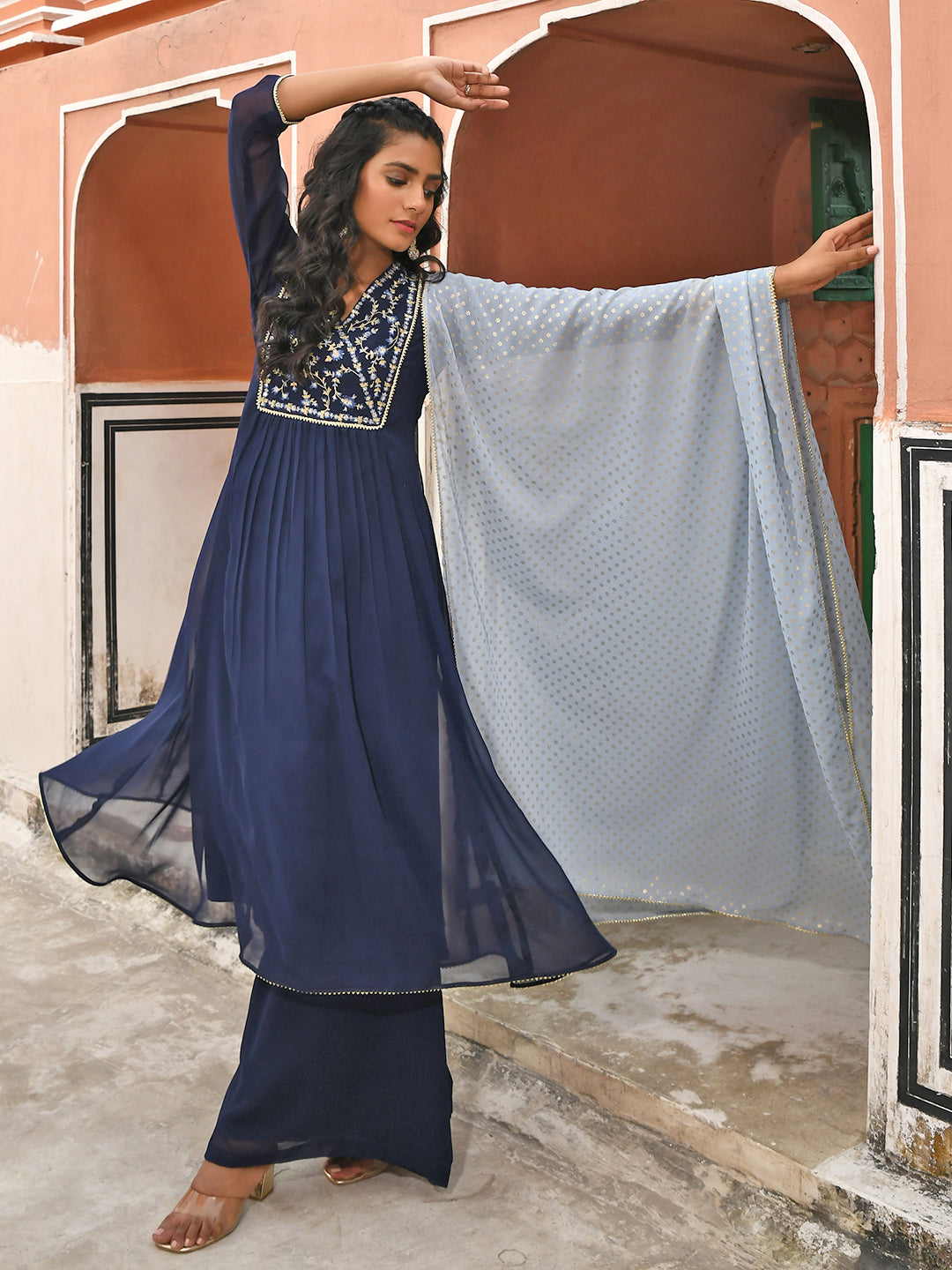 Janasya Women's Navy Blue Georgette Embroidered Kurta With Flared Palazzo And Dupatta