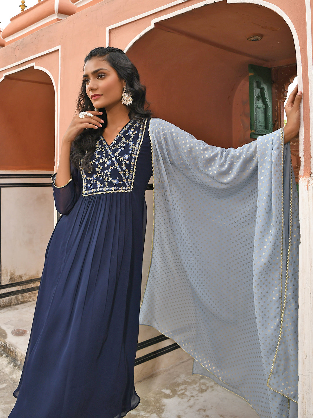 Janasya Women's Navy Blue Georgette Embroidered Kurta With Flared Palazzo And Dupatta