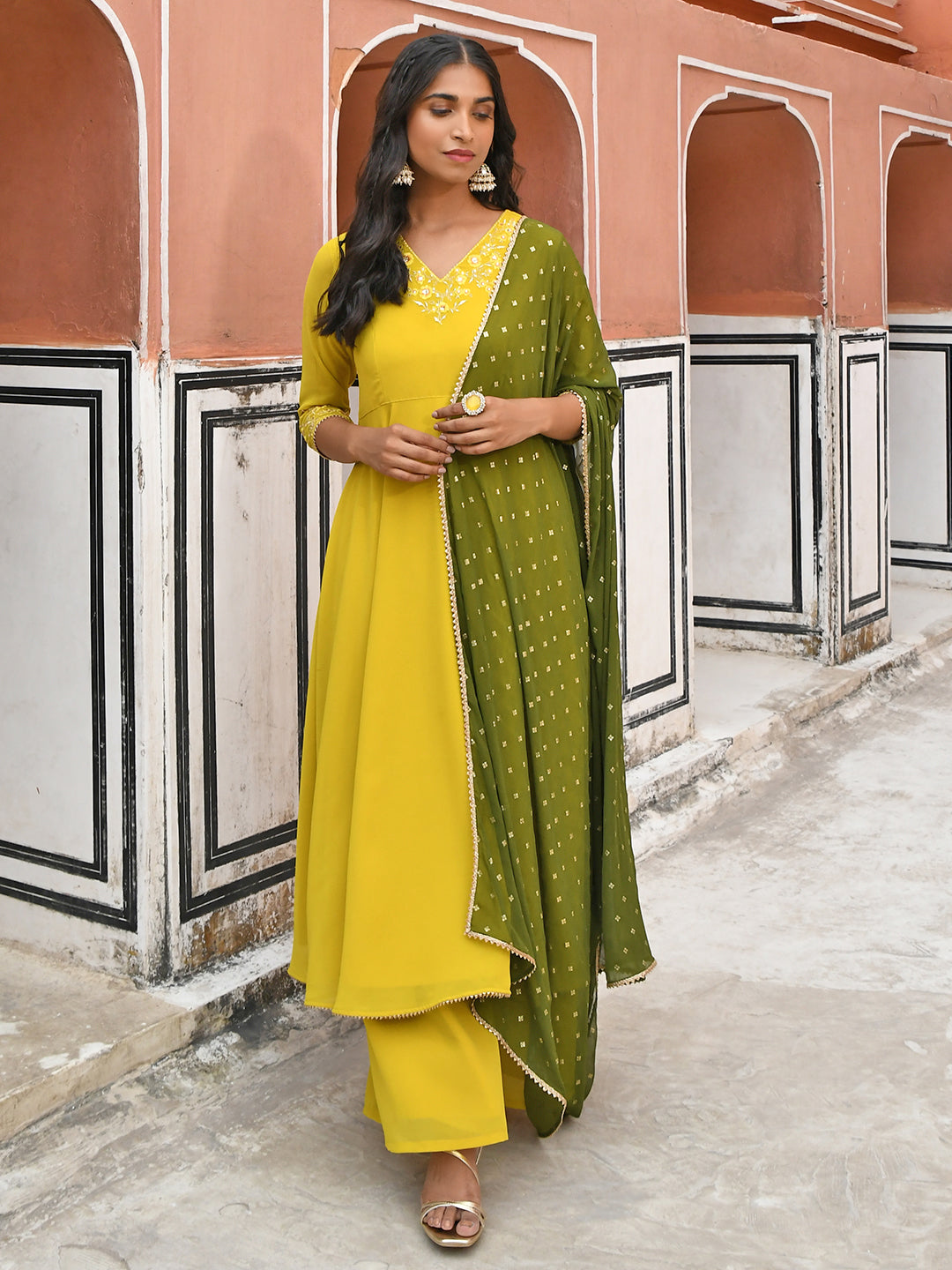 Janasya Women's Yellow Georgette Solid Kurta With Palazzo And Dupatta