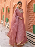 Janasya Women's Old Rose Chinon Embroidered Kurta With Skirt And Dupatta