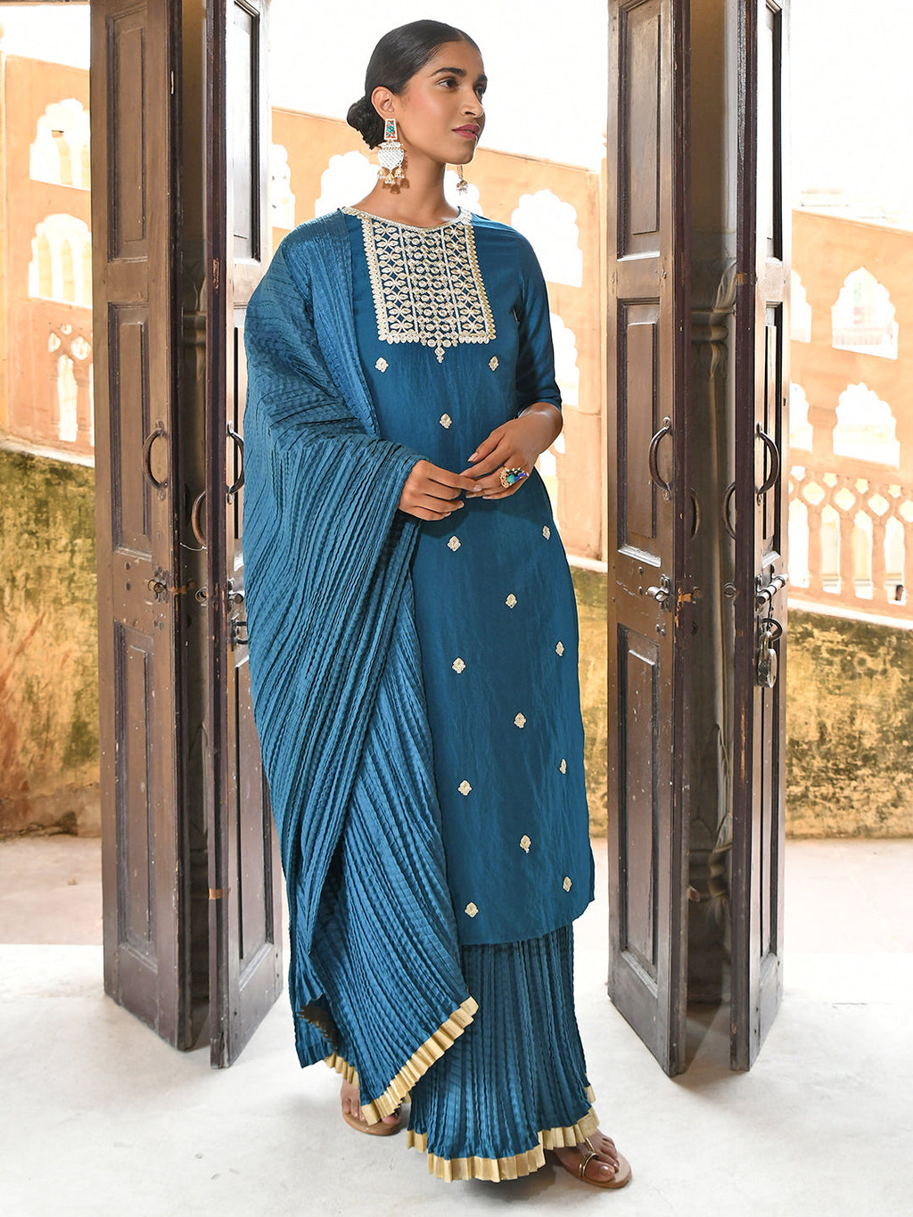 Janasya Women's Teal Blue Chinon Embroidered Kurta With Skirt And Dupatta