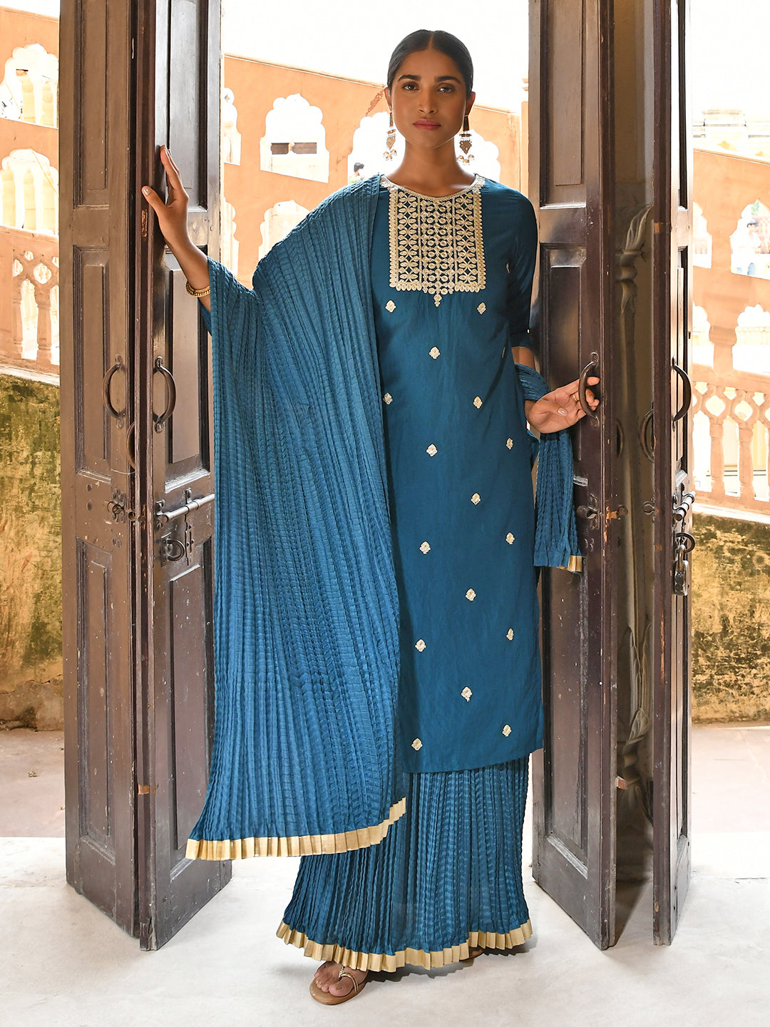 Janasya Women's Teal Blue Chinon Embroidered Kurta With Skirt And Dupatta