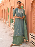 Janasya Women's Green Chinon Embroidered Kurta With Skirt And Dupatta