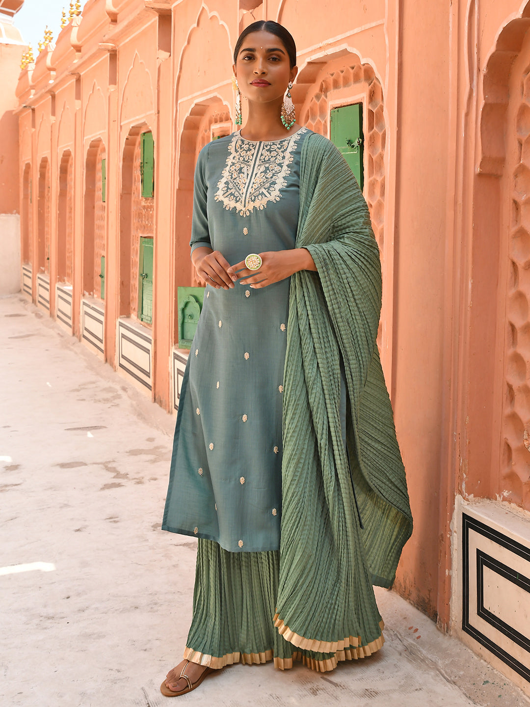 Janasya Women's Green Chinon Embroidered Kurta With Skirt And Dupatta