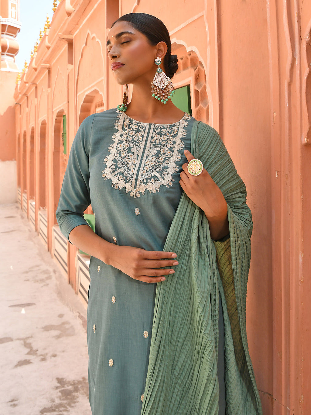 Janasya Women's Green Chinon Embroidered Kurta With Skirt And Dupatta