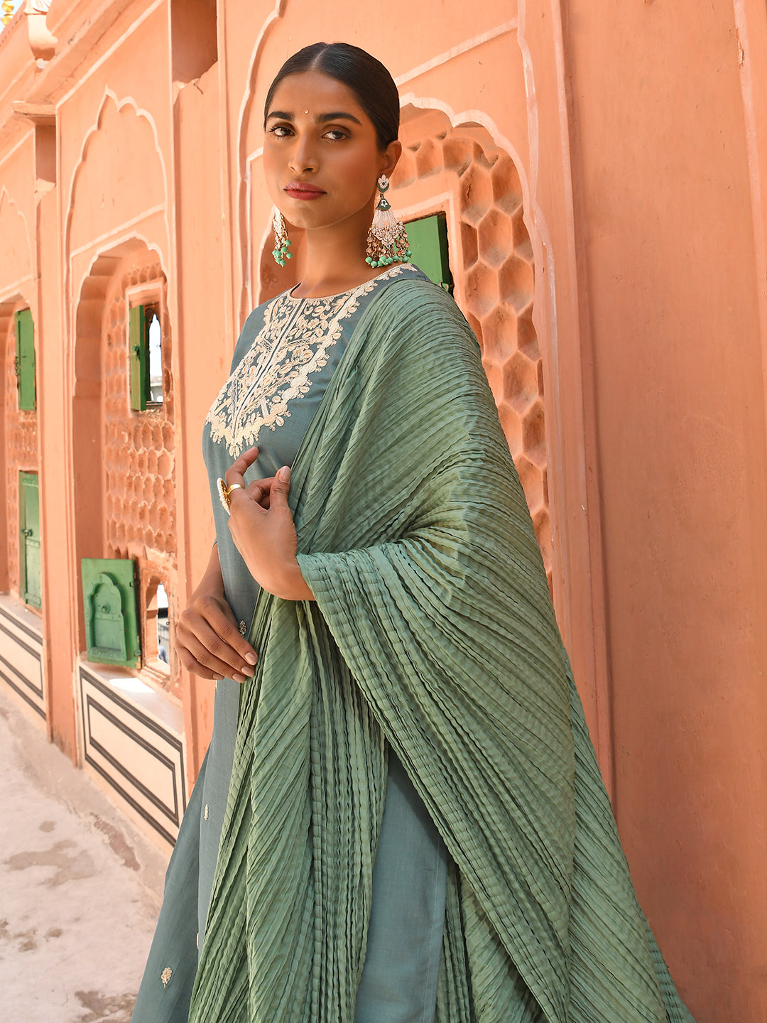 Janasya Women's Green Chinon Embroidered Kurta With Skirt And Dupatta