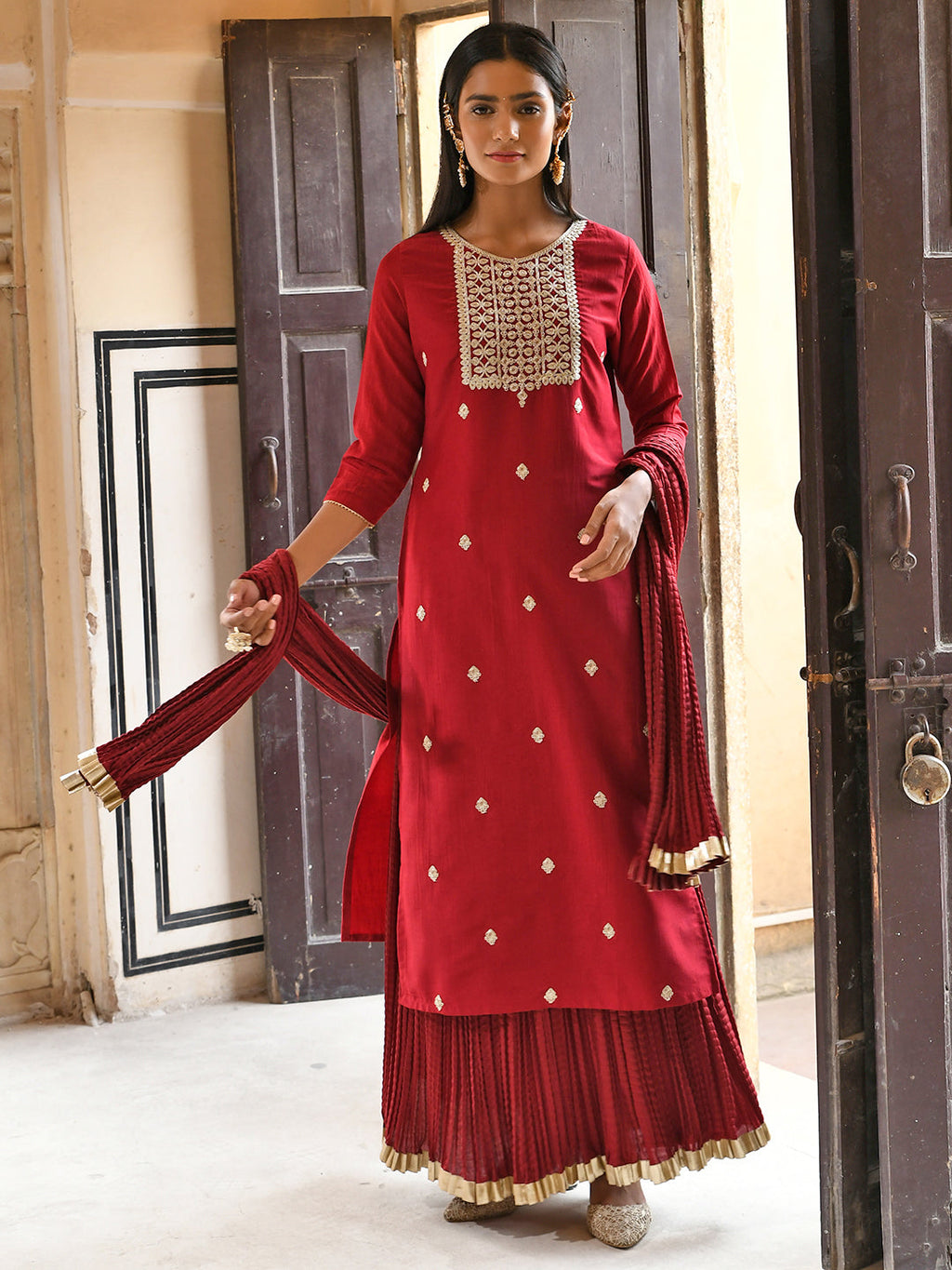 Janasya Women's Maroon Chinon Embroidered Kurta With Skirt And Dupatta