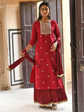 Janasya Women's Maroon Chinon Embroidered Kurta With Skirt And Dupatta