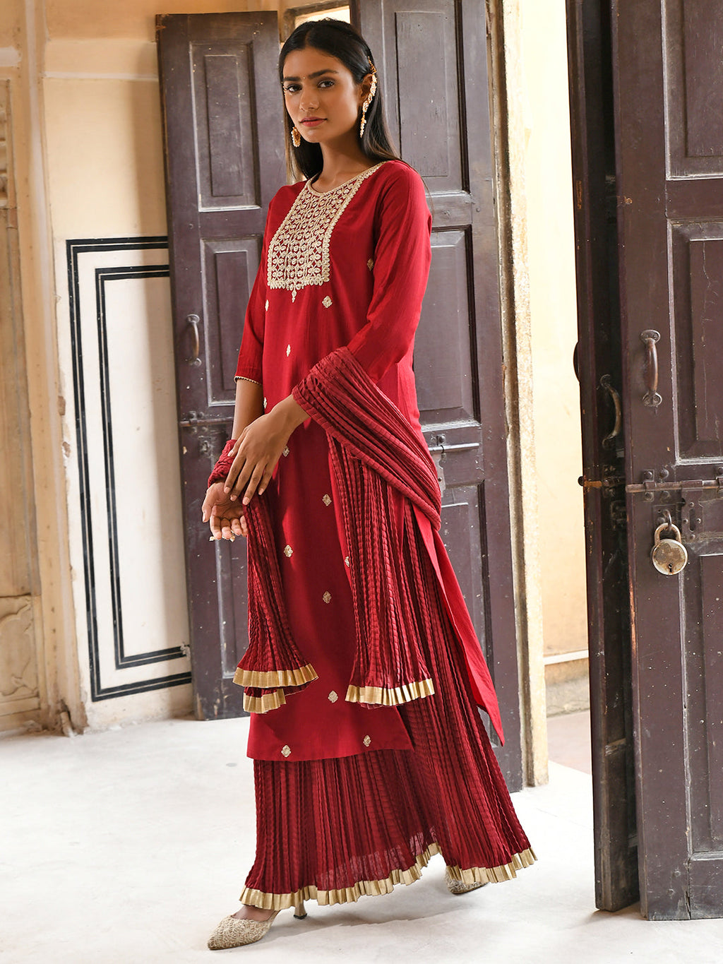 Janasya Women's Maroon Chinon Embroidered Kurta With Skirt And Dupatta