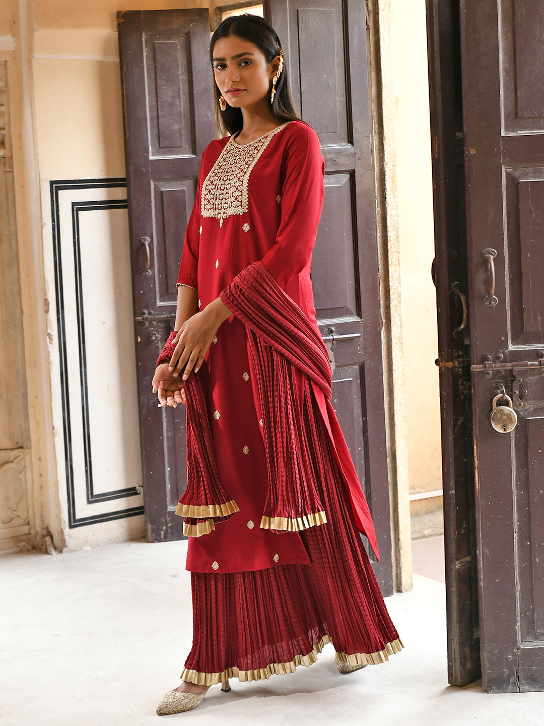Janasya Women's Maroon Chinon Embroidered Kurta With Skirt And Dupatta