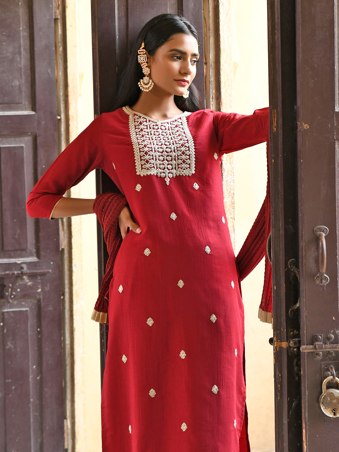 Janasya Women's Maroon Chinon Embroidered Kurta With Skirt And Dupatta