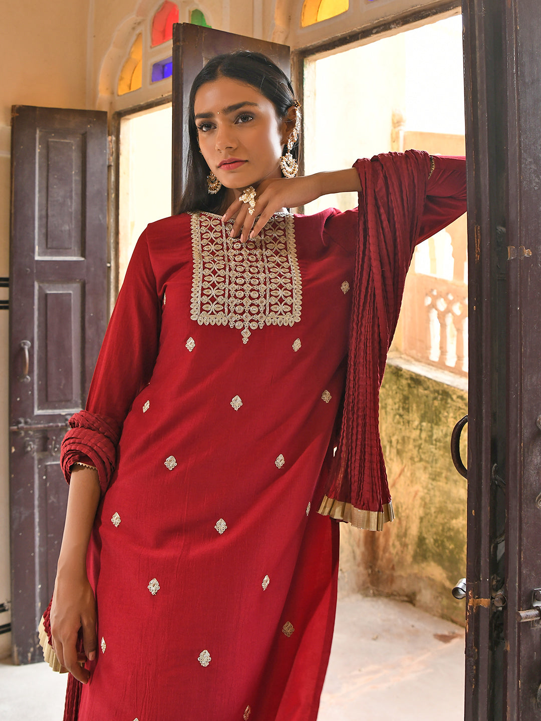 Janasya Women's Maroon Chinon Embroidered Kurta With Skirt And Dupatta