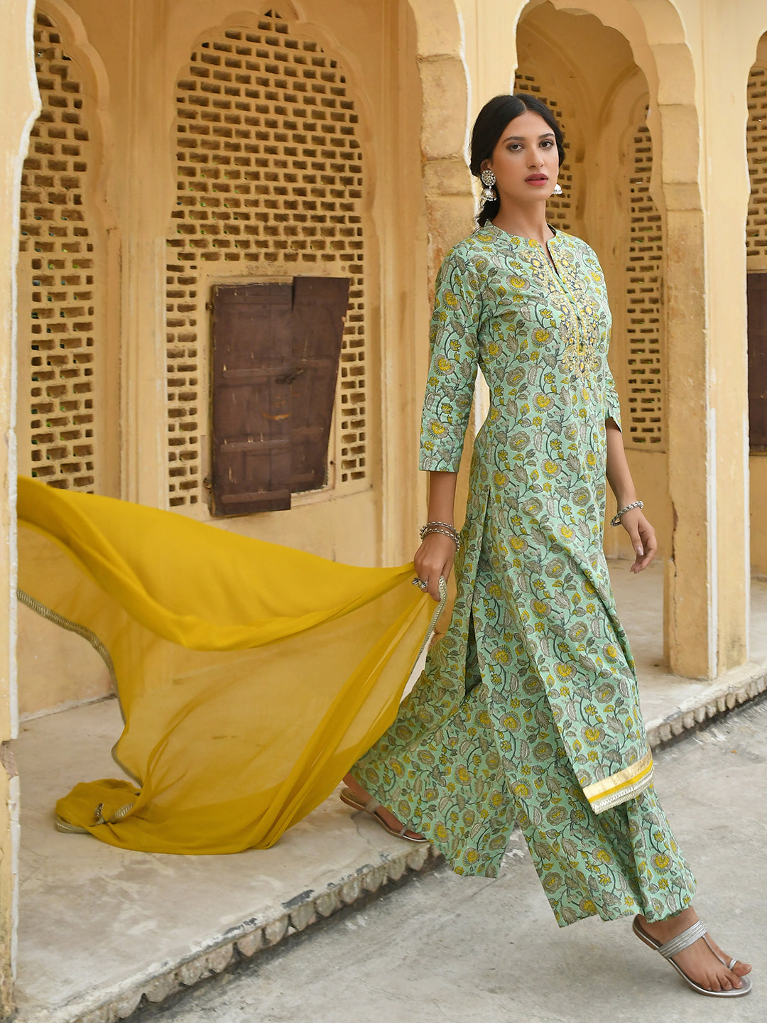 Janasya Women's Light Green Cotton Floral Print Kurta With Flared Palazzo And Dupatta