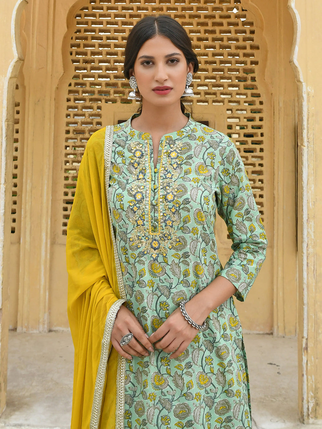 Janasya Women's Light Green Cotton Floral Print Kurta With Flared Palazzo And Dupatta
