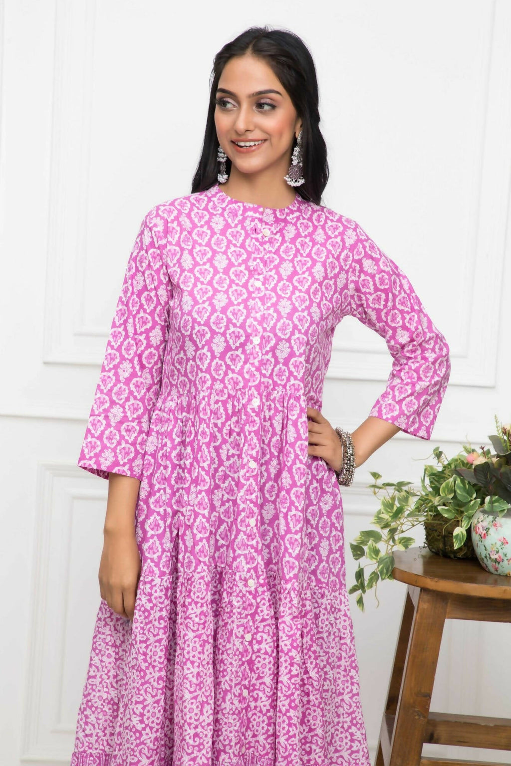 Myshka Women Pink Floral Cotton A-Line Mandarin Collar Long Dress