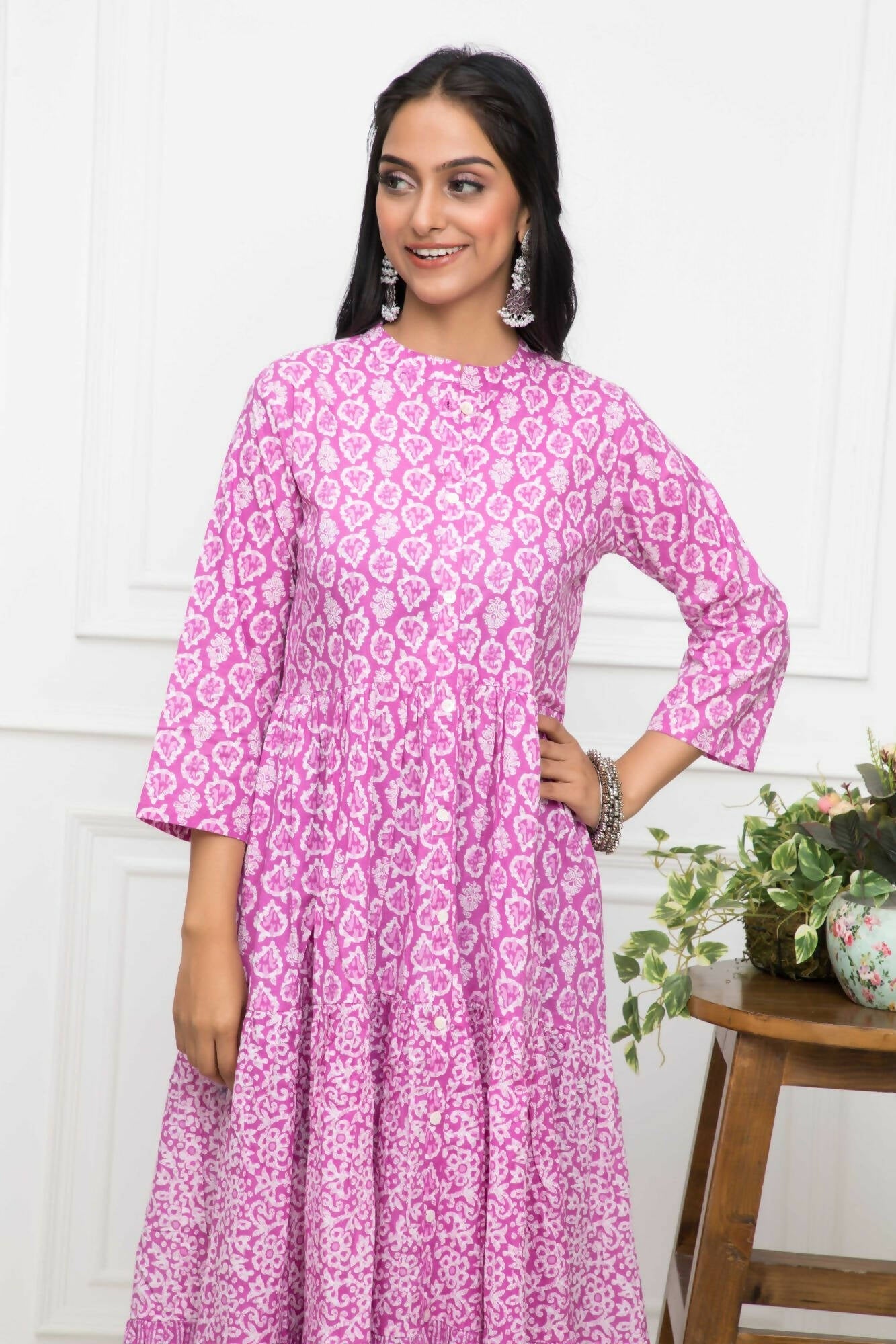 Myshka Women Pink Floral Cotton A-Line Mandarin Collar Long Dress