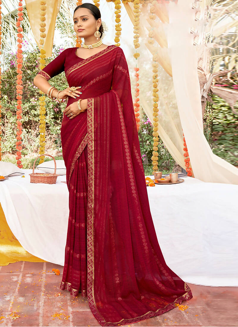 Maroon Georgette Foil Printed Saree with Unstitched Blouse Piece - Avika