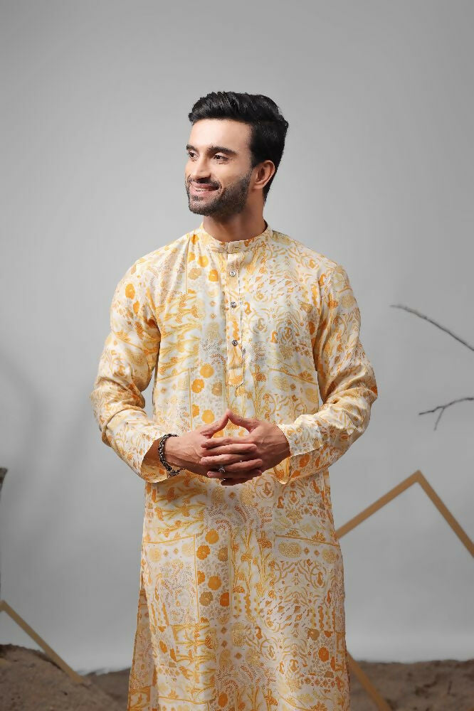 Yellow Modal Silk Designer Printed Kurta Set - Mahotsav