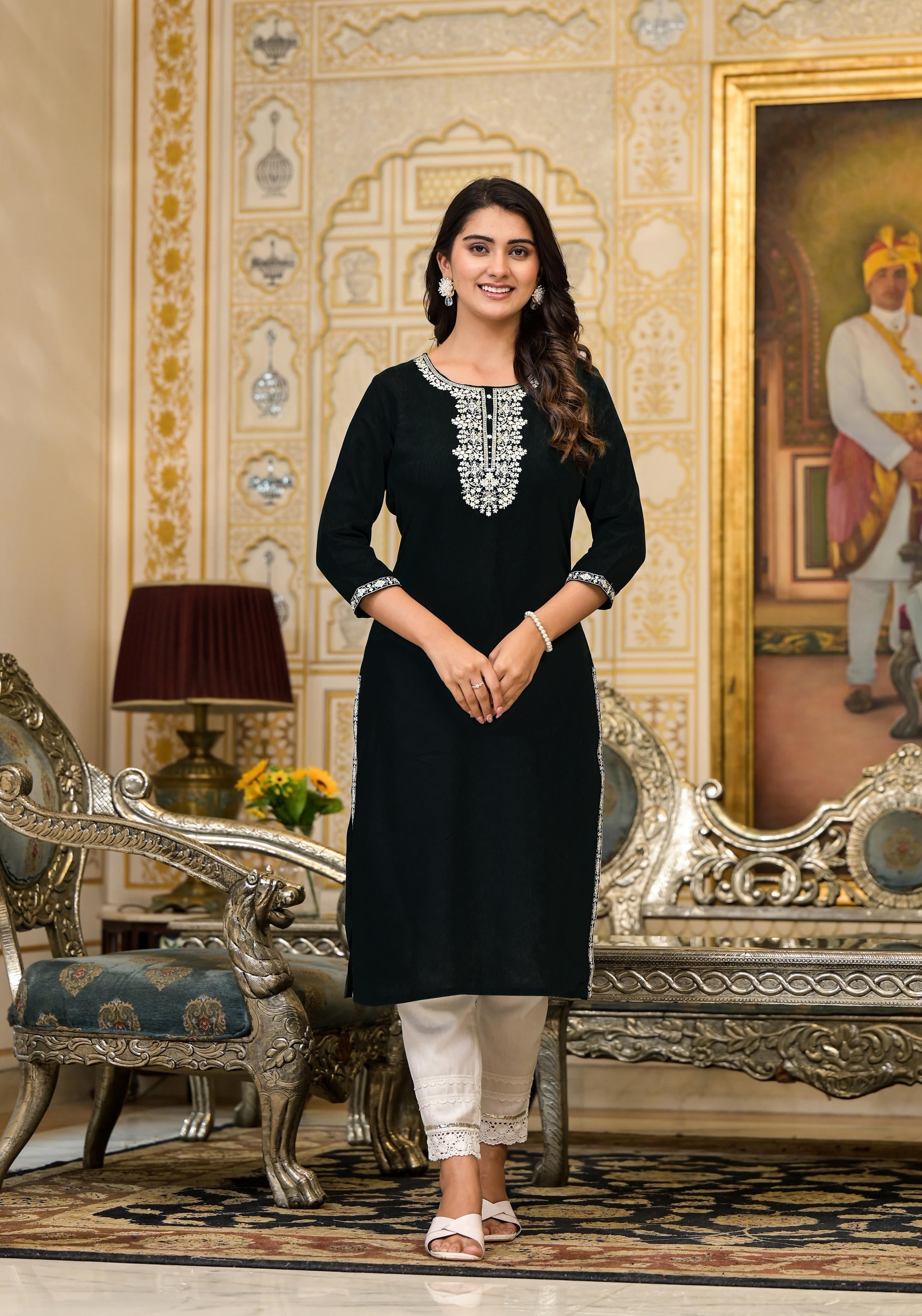Juniper Women's Blackthread Embroidered Rayon Kurta