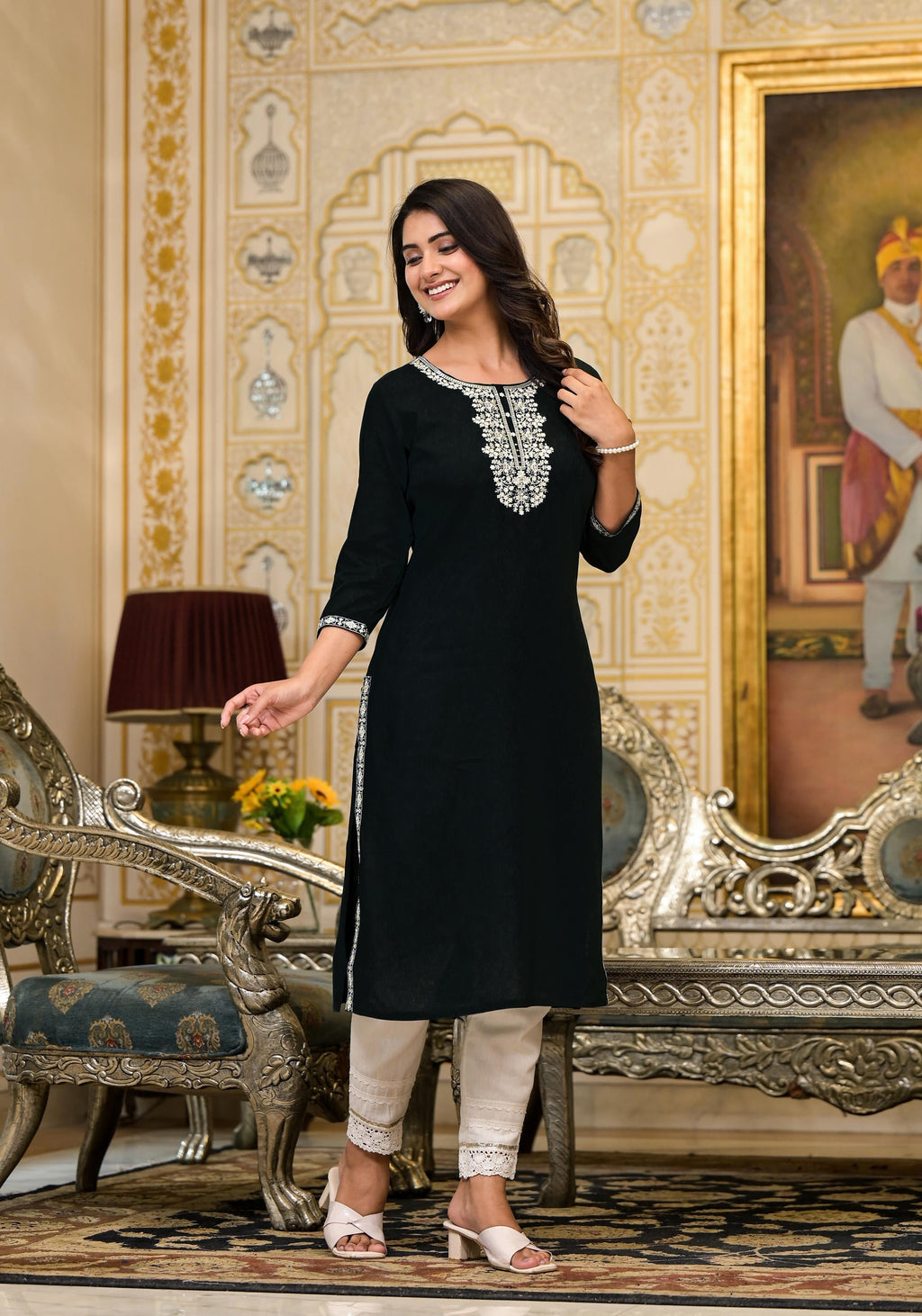 Juniper Women's Blackthread Embroidered Rayon Kurta