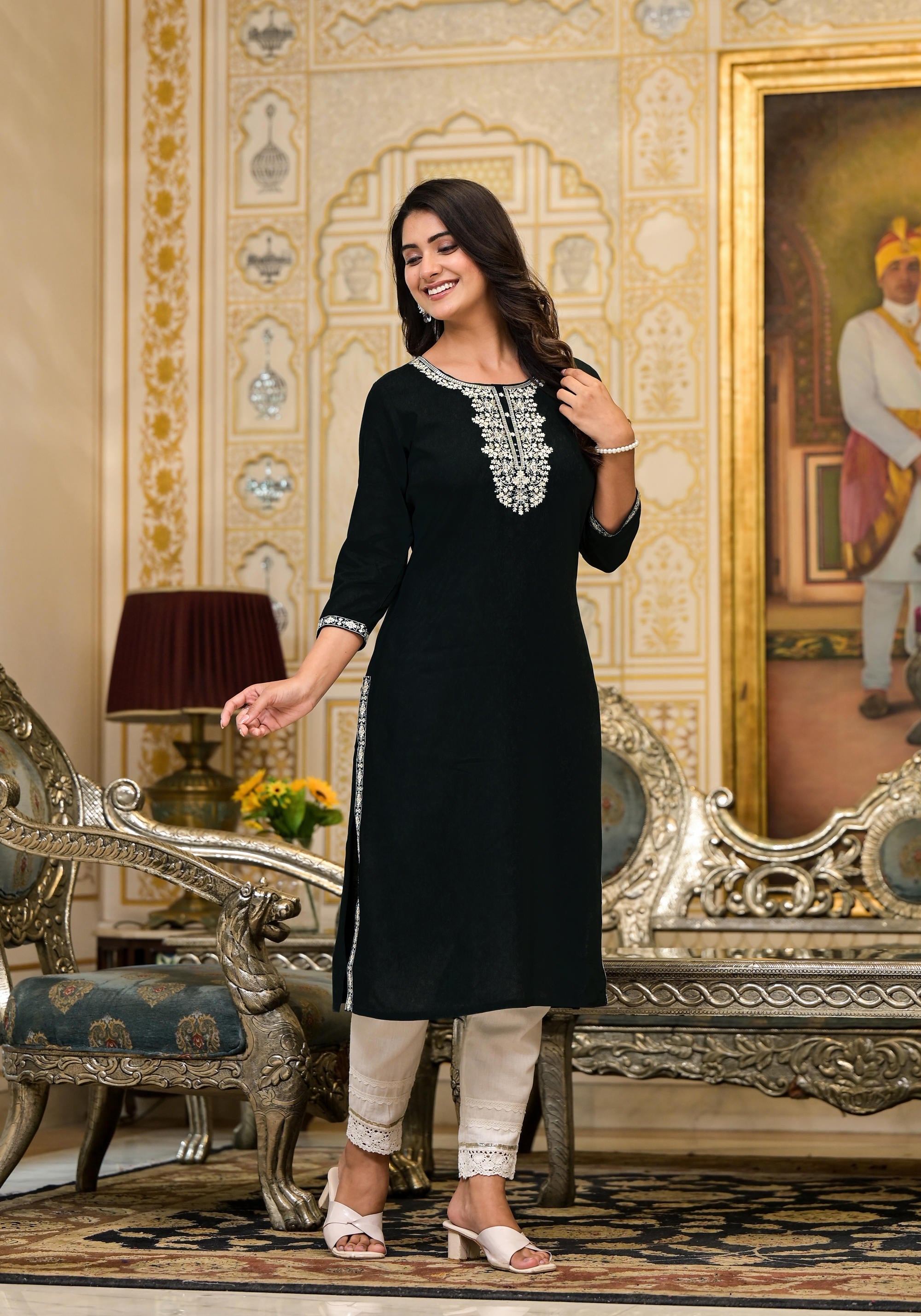 Juniper Women's Blackthread Embroidered Rayon Kurta