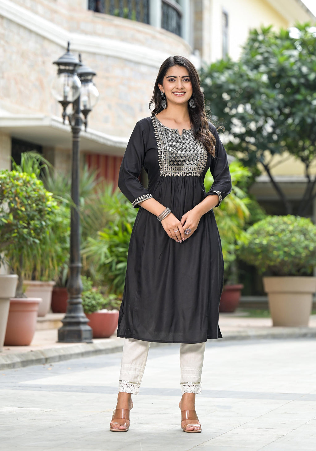 Juniper Women's Black Solid Rayon Kurta With Zari & Sequins
