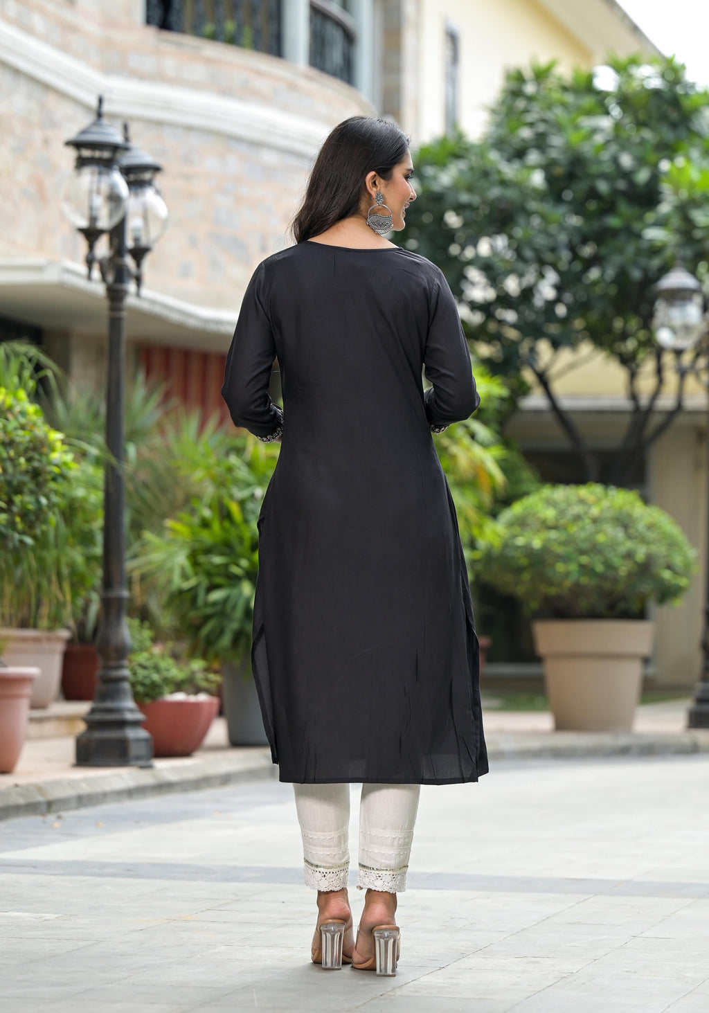 Juniper Women's Black Solid Rayon Kurta With Zari & Sequins