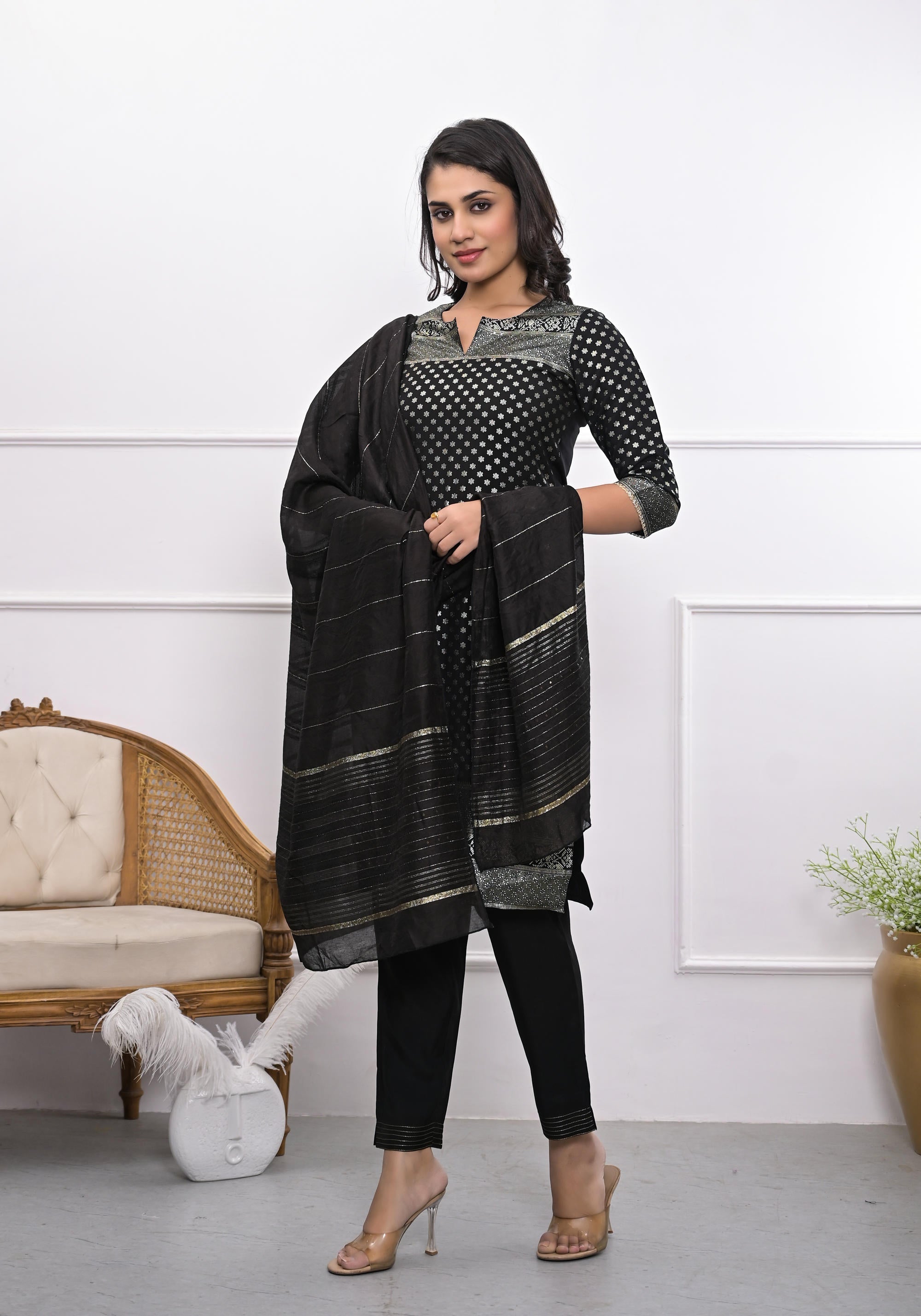 Juniper Women's Black Ethnic Motif Printed Silk Kurta Set With Zari Work