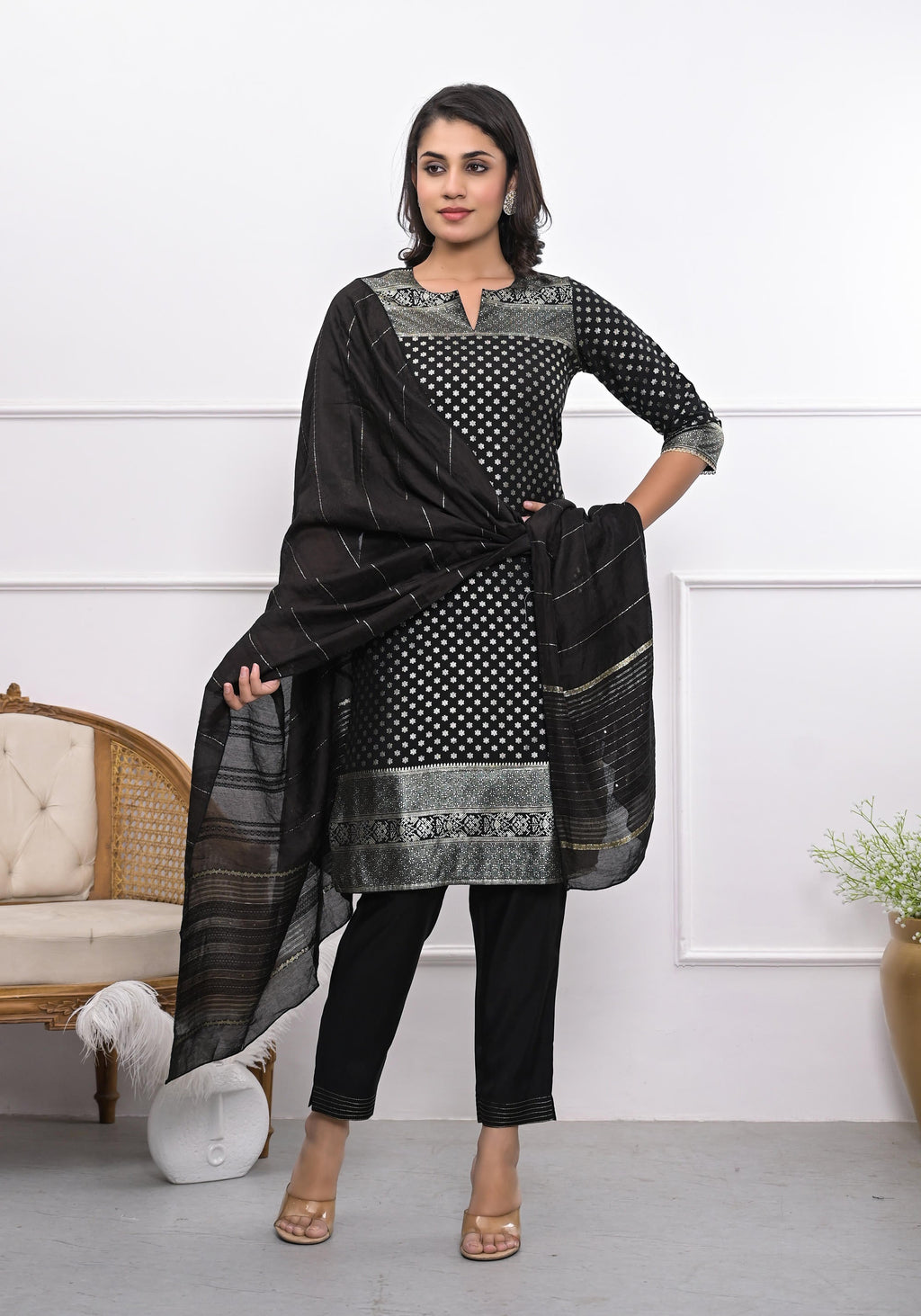 Juniper Women's Black Ethnic Motif Printed Silk Kurta Set With Zari Work