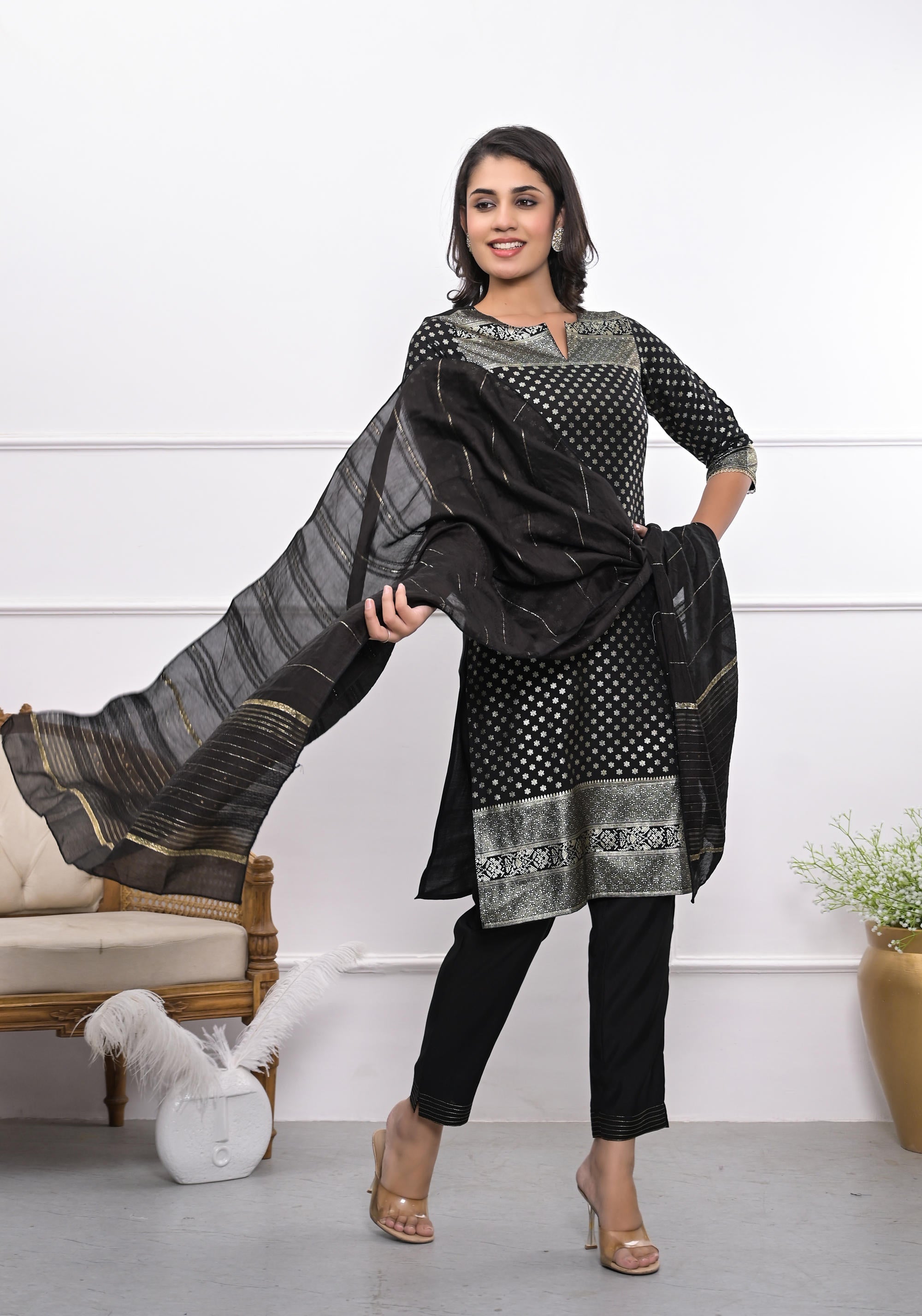 Juniper Women's Black Ethnic Motif Printed Silk Kurta Set With Zari Work