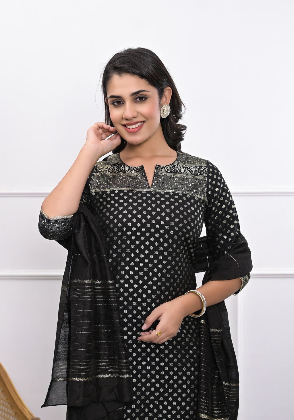Juniper Women's Black Ethnic Motif Printed Silk Kurta Set With Zari Work