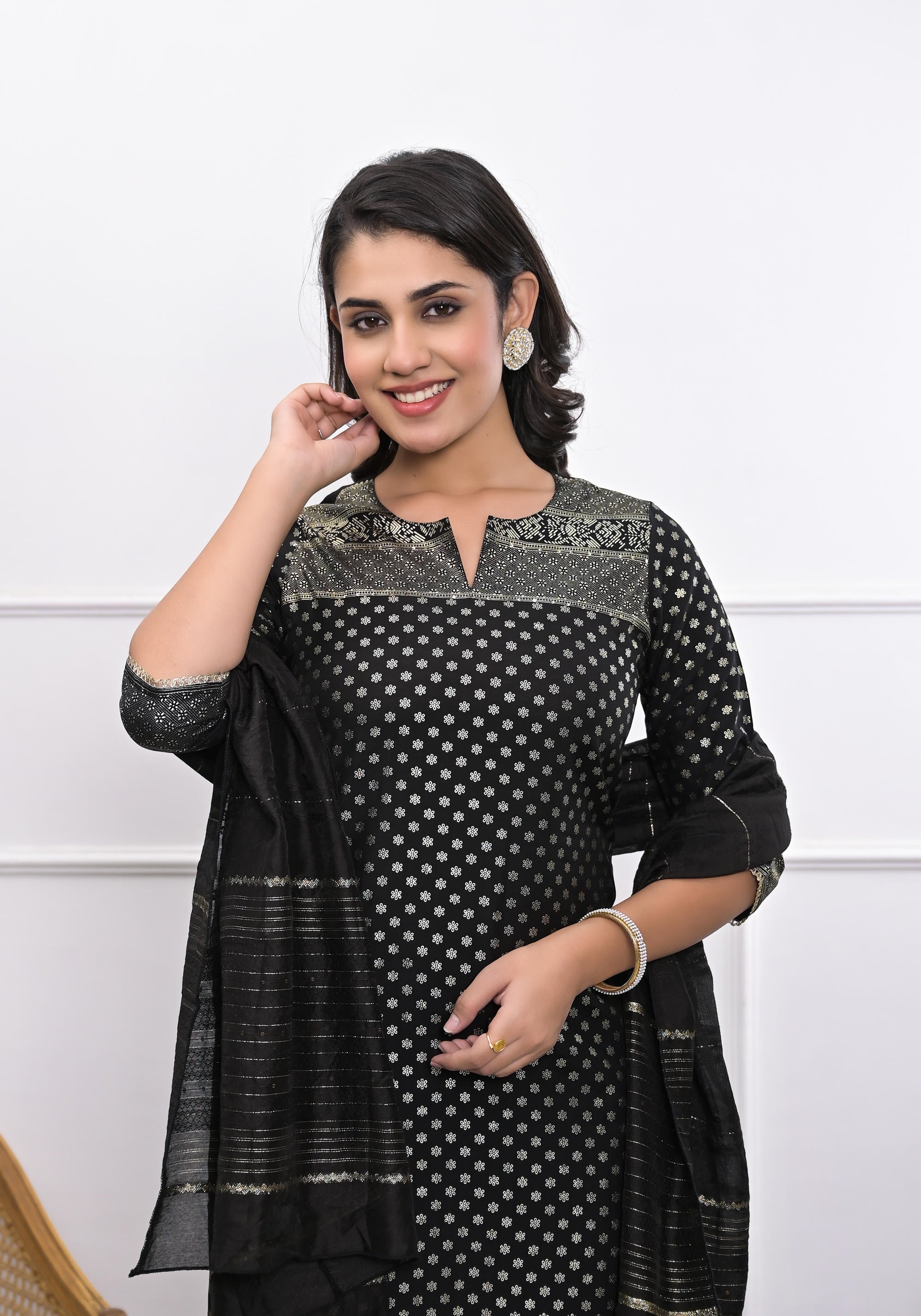 Juniper Women's Black Ethnic Motif Printed Silk Kurta Set With Zari Work