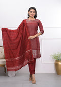 Juniper Women's Maroon Ethnic Motif Printed Silk Kurta Set With Zari Work