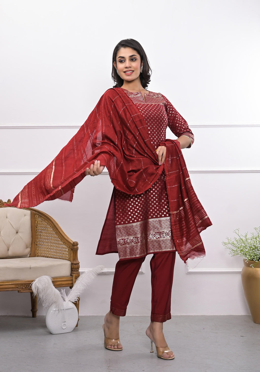 Juniper Women's Maroon Ethnic Motif Printed Silk Kurta Set With Zari Work