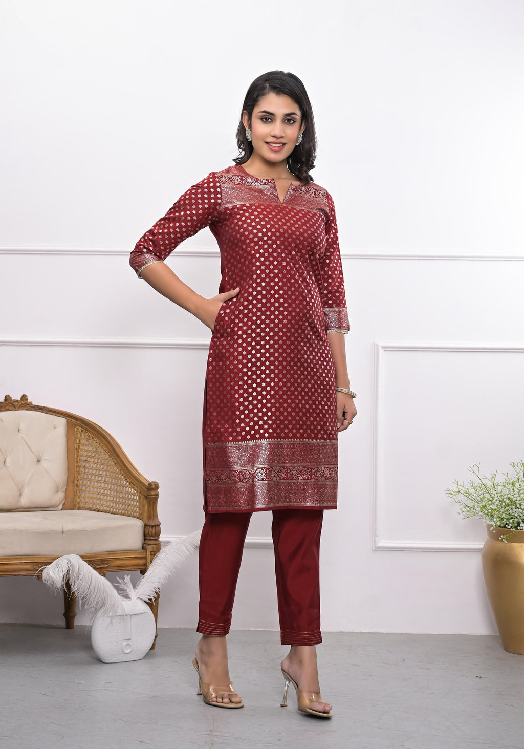 Juniper Women's Maroon Ethnic Motif Printed Silk Kurta Set With Zari Work